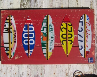 Original 5 SURF surfboard bar restaraunt art - Adventure Surfing  Awesome Recycled License Plate Art - Salvaged Wood - Upcycled Artwork