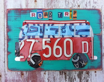 Large License Plate Art - VW Bus Volkswagen - Road Trip Adventure Summer Fun Recycled Art Boys Girls Kids Room Playroom Teen Beach House