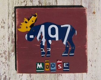 Rustic Moose - Cabin Lodge Decor Recycled License Plate Art - Salvaged Wood - Upcycled Artwork - Boys Girls Nursery Artwork