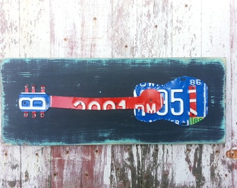 License Plate Art - Funky Music Guitar Rock and Roll - Recycled Art Company - Salvaged Wood - Upcycled Artwork gift for son husband man teen