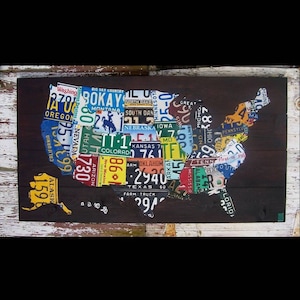 Original United States Map Adventure Road Trip Recycled License Plate Art Gift for Office Bar Man Cave Anniversary Wedding House image 1