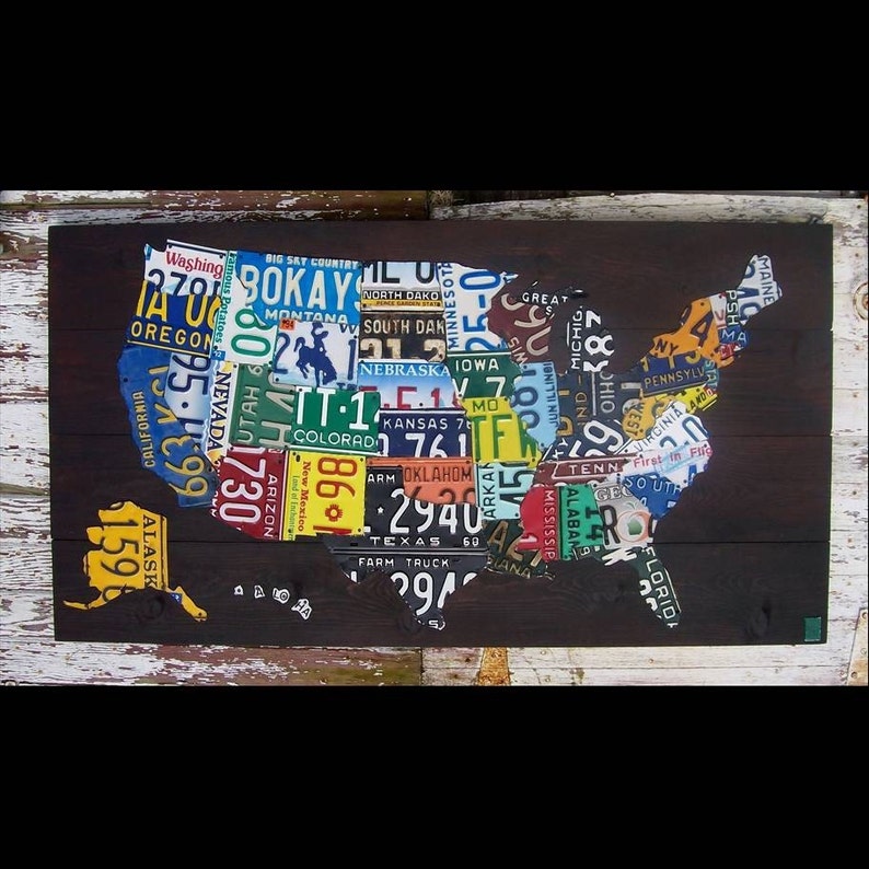 Original United States Map Adventure Road Trip Recycled License Plate Art Gift for Office Bar Man Cave Anniversary Wedding House image 1