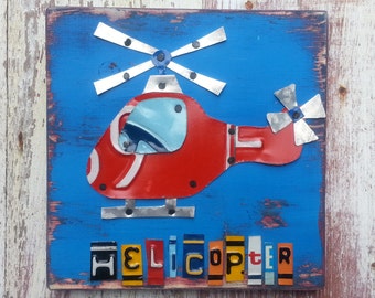 License Plate Art - Navy Red Funky Transportation Helicopter Adventure Boys Girls Kid's Nursery Room - Recycled Art  Baby Shower Toddler