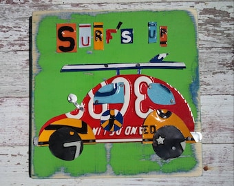 LARGE Surf's up Green Red VW BUG Car Surfboard Surfer Beach Nursery Boy Word Block Sign Custom Funky States License Plate Art Recycled