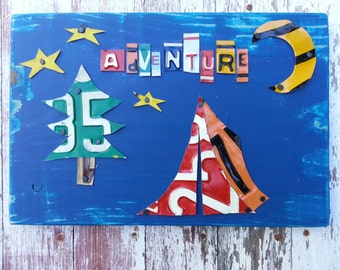 License Plate Art - TENT CAMPING - Road Trip Adventure Fun Recycled Art Company Boys Girls Room Nursery - Teen Playroom Kid's Room