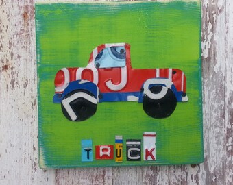 License Plate Art - Navy Red Funky Transportation TRUCK Adventure Boys Girls Kid's Nursery Room - Recycled Baby Shower Toddler Teen Artwork