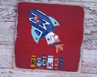 License Plate Rocketship Rocket Alien Astronaut Space Spaceship Shuttle -  Boys Girls Kid's Room Nursery Playroom Travel Adventure Artwork