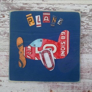 Arte personalizável da matrícula do avião - Marinha Vermelho Amarelo Funky Transporte Avião Aventura Meninos Meninas Quarto de berçário Banheiro Sala de jogos