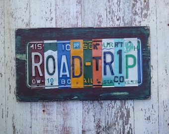 ROAD TRIP License Plate Sign Art - Funky Word Block Adventure Road Trip Vacation Memories Photo Wall - Custom Signs Available