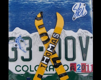 License Plate Art - Customized States Name Date - Skiier Skiing SKI Adventure - Recycled Art - Salvaged Wood - Teen Man Cave Playroom