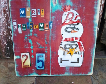 Funky SNOWMAN CHRISTMAS Advent Calendar - Teal Red Awesome Christmas Countdown - Recycled License Plate Art Upcycled Artwork