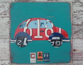 License Plate Art - Teal Red Navy Funky Transportation VW Bug Car Adventure Boys Nursery Room - Recycled Art Company - Artwork adventure