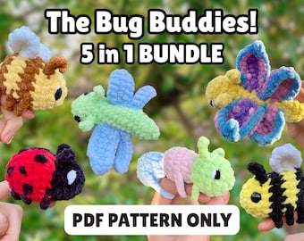 May include: A set of five crochet amigurumi bug patterns, including a ladybug, butterfly, dragonfly, bee, and caterpillar. The patterns are available as a PDF download and are titled "The Bug Buddies! 5 in 1 BUNDLE".