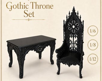 Gothic Miniature Furniture Set, Black Throne Chair and Table, Cathedral Style BJD Dollhouse Decor, 1/6 1/8 1/12 Scale