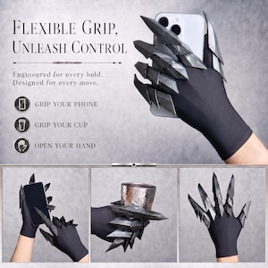 Puede incluir: Un guante negro con extensiones de dedos articuladas en forma de garra. El texto dice: Flexible Grip, Unleash Control. Engineered for every hold. Designed for every move. Grip your phone, grip your cup, open your hand. El guante sostiene un tel&eacute;fono y una taza.