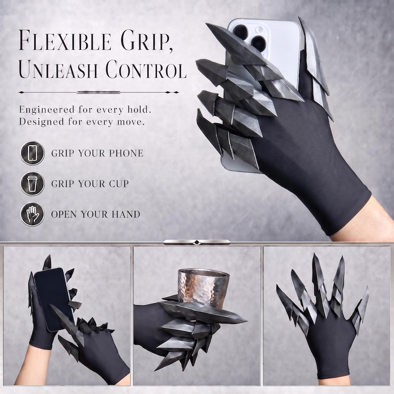 Puede incluir: Un guante negro con extensiones de dedos articuladas en forma de garra. El texto dice: Flexible Grip, Unleash Control. Engineered for every hold. Designed for every move. Grip your phone, grip your cup, open your hand. El guante sostiene un tel&eacute;fono y una taza.