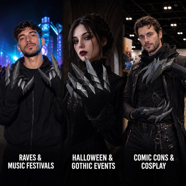 Puede incluir: Guantes negros con accesorios de garras met&aacute;licas plateadas articuladas en cada dedo. El texto RAVES & MUSIC FESTIVALS, HALLOWEEN & GOTHIC EVENTS y COMIC CONS & COSPLAY est&aacute; impreso en la parte inferior de la imagen, indicando posibles usos.