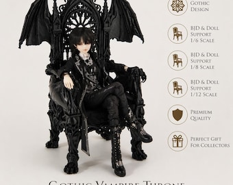 3Pcs Gothic Miniature Furniture Set | 1/6 1/8 1/12 Scale BJD Dollhouse Props | Vampire Castle Room Decor | Black Bat Throne Chair & Table