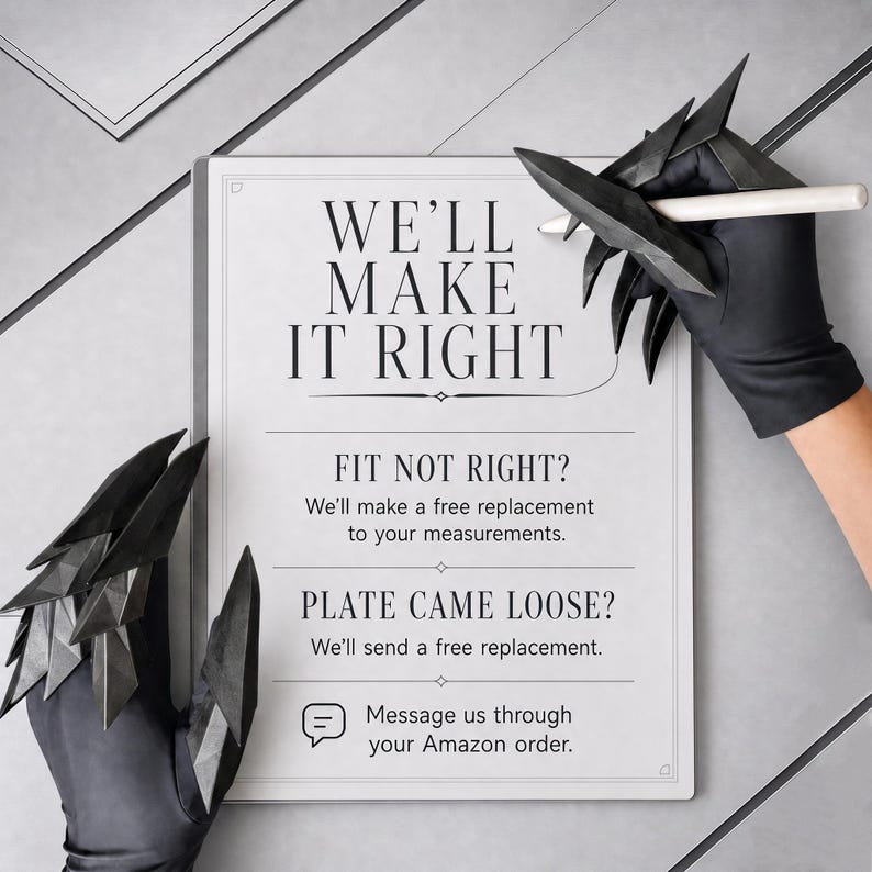 Puede incluir: Un letrero rectangular blanco con texto negro que dice WE'LL MAKE IT RIGHT, FIT NOT RIGHT? We'll make a free replacement to your measurements. PLATE CAME LOOSE? We'll send a free replacement. Message us through your Amazon order.