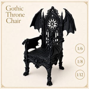 Zestaw 3 gotyckich mebli miniaturowych | Rekwizyty do domku dla lalek BJD w skali 1/6, 1/8 i 1/12 | Dekoracja pokoju w zamku wampirów | Czarny tron i stół z krzesłami i stołem