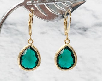 Emerald Teardrop Earrings In Gold, Gold Pear Earrings with Leverback Hypo Allergenic Hooks, May Birthstone, Green Crystal