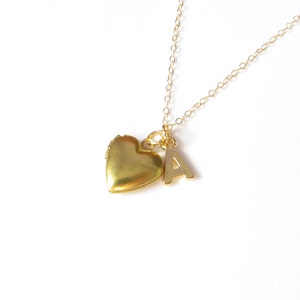 Small Gold Heart Locket And Initial Necklace, Tiny Locket Pendant, Personalized Jewelry, Initial Pendant, Custom Locket