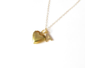 Small Gold Heart Locket And Initial Necklace, Tiny Locket Pendant, Personalized Jewelry, Initial Pendant, Custom Locket