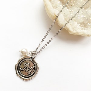 Wax Seal Initial Necklace With Pearl On Stainless Steel Chain, Bridesmaids Gift, Personalized, Custom Jewelry, Letter Pendant