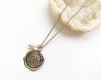 Wax Seal Initial Necklace With Pearl On Stainless Steel Chain, Bridesmaids Gift, Personalized, Custom Jewelry, Letter Pendant