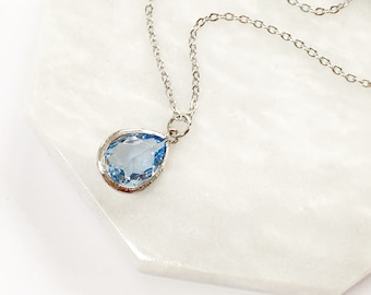 Aquamarine Teardrop Necklace Pendant, March Birthstone Necklace, Simple Pear Pendant, Blue Crystal Pendant, Stainless Steel, Silver