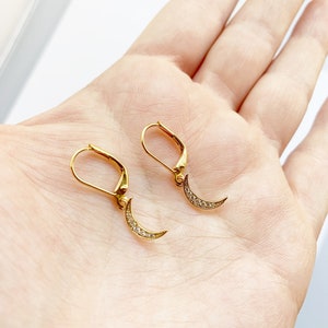 Dainty Moon Earrings in Gold, Lever Back Hooks, Secure Earrings, CZ Earrings image 4