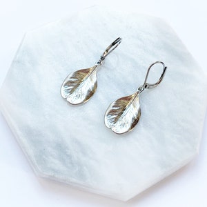 Monstera Leaf Earrings in Silver, Dangly Charm Earrings on Hypo Allergenic Hooks, Flower Petal, Stainless Steel, Nature Jewelry, Hammered