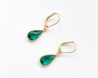 Emerald Green Pear Earrings In Gold, Gold Teardrop Earrings with Leverback Hypo Allergenic Hooks, Bridesmaids Gift, May Birthstone