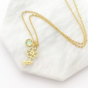 August Birth Month Flower Birthstone Necklace, Gold Flower Necklace, Personalized Gift, Custom Jewelry, Poppy, Peridot , Waterproof Jewelry