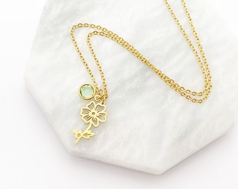 August Birth Month Flower Birthstone Necklace, Gold Flower Necklace, Personalized Gift, Custom Jewelry, Poppy, Peridot , Waterproof Jewelry