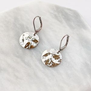 Hammered Disc Earrings, Dangly Round Earrings, Hypo Allergenic Leverback Hooks, Silver Disks