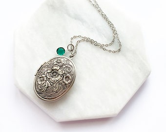 Locket With Birthstone in Silver, Custom Pendant, Personalized Jewelry, Dainty Necklace, Filigree Locket, Birthstone Jewelry