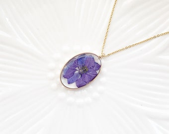 Real Flower Necklace, Pressed Flower Jewelry, Purple Flower Necklace in Gold, Rhododendron Dried Flower Necklace,