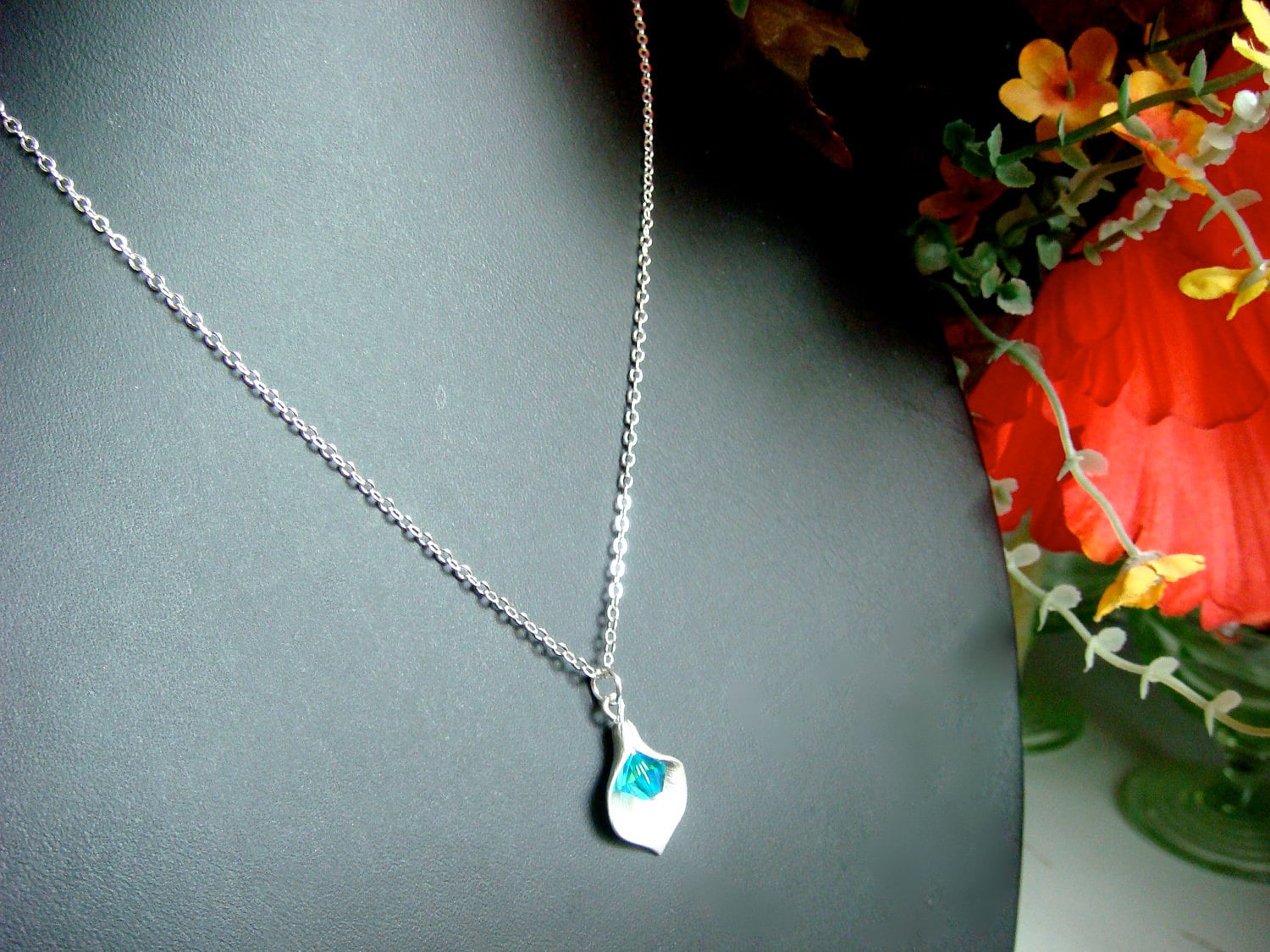 Calla Lily Necklace With Teal Swarovski Crystal in Silver Etsy