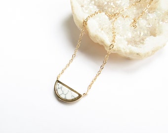 Marble Half Moon Necklace In Gold, Delicate Everyday Necklace, Geometric Pendant With Howlite Stone