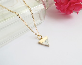 Small Marble Triangle Necklace In Gold, Delicate Everyday Necklace, Geometric Pointed Pendant With Howlite Stone