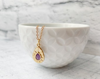 Amethyst Teardrop Necklace Pendant, February Birthstone Necklace, Simple Pear Pendant, Purple Crystal Pendant
