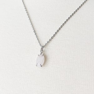 Tiny Rose Quartz Necklace in Stainless Steel, Small Gemstone Necklace, Pink Semi Precious Stone, Nugget Pendant, Prong Setting Silver