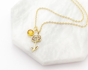 November Birth Month Flower Birthstone Necklace, Gold Flower Necklace, Personalized Gift, Custom, Chrysanthemum, Topaz, Waterproof Jewelry