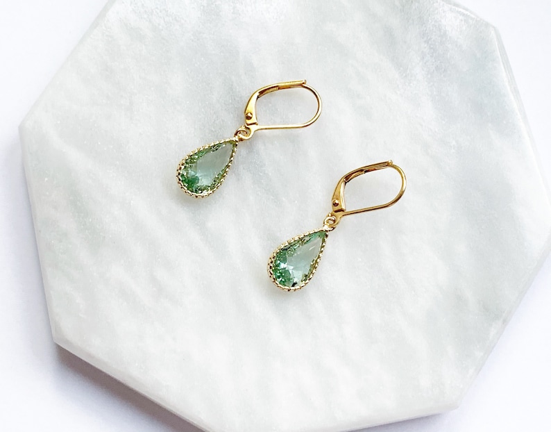 Peridot Pear Earrings In Gold, Gold Teardrop Earrings with Leverback Hypo Allergenic Hooks, Bridesmaids Gift, August Birthstone image 1