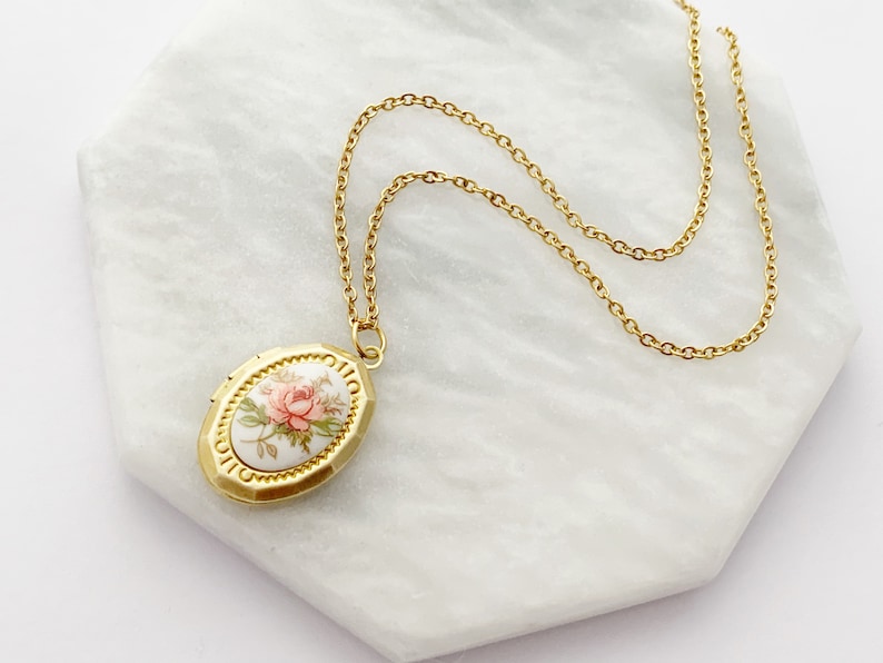 Oval Cameo Locket With Pink Rose, Antique Locket, Locket, Designer Locket, Vintage Gold Locket, Wild Rose Necklace image 1