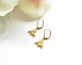 Queen Bee Earrings With Leverback Hypo Allergenic Hooks In Gold, Honey Bee