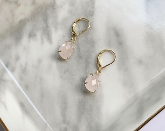 Rose Quartz Gold Earrings, Pink Gemstone Earrings, Dangle Earrings, Hypo Allergenic Leverback Hooks, Semi Precious Stones