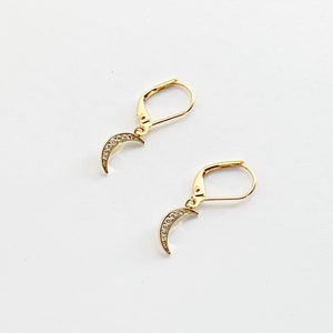 Dainty Moon Earrings in Gold, Lever Back Hooks, Secure Earrings, CZ Earrings image 3