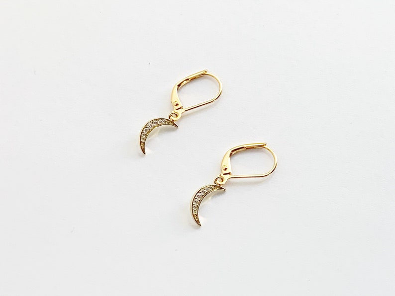 Dainty Moon Earrings in Gold, Lever Back Hooks, Secure Earrings, CZ Earrings image 3